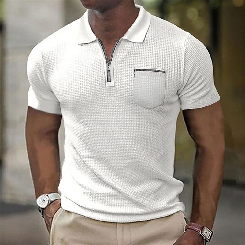 summer solid color casual mens Polo shirt short sleeve loose business T-shirt men zipper 100 top 240819