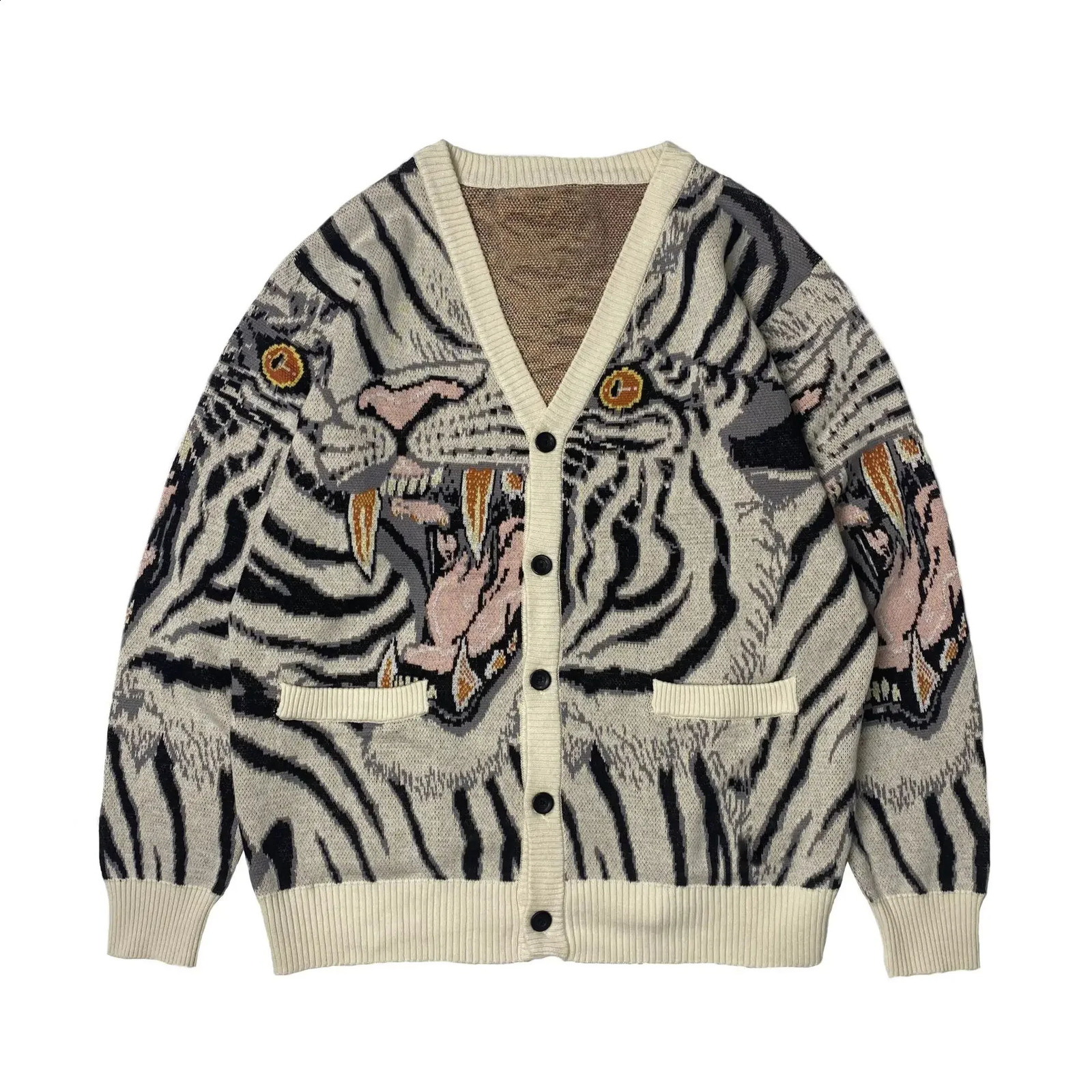 Men's Sweaters Kapital Vintage Non Hirata Hiroshi Jacquard Tiger Totem V-neck Japanese Sweater Knitted Cardigan Mens Loose Print Coat 240819