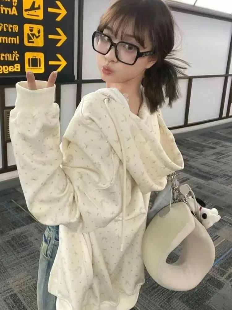 QWEEK Coquette Flower Butterfly Printed Zipper Hoodie Womens Sweet Kavay Cute Sweatshirt Fashion AutumnWinter 240819