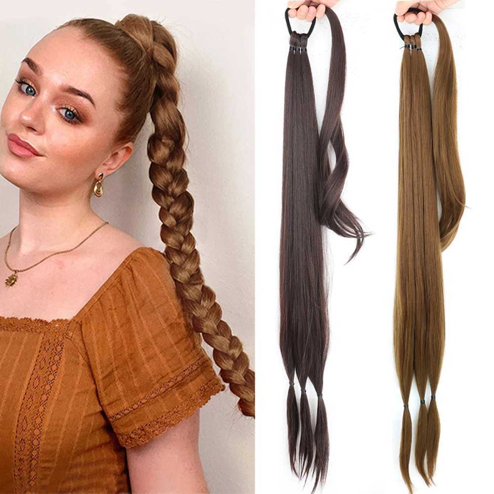 MISSQUEEN long straight braided ponytail synthetic ponytail hair extension black brown brain ponytail suitable for women W240817