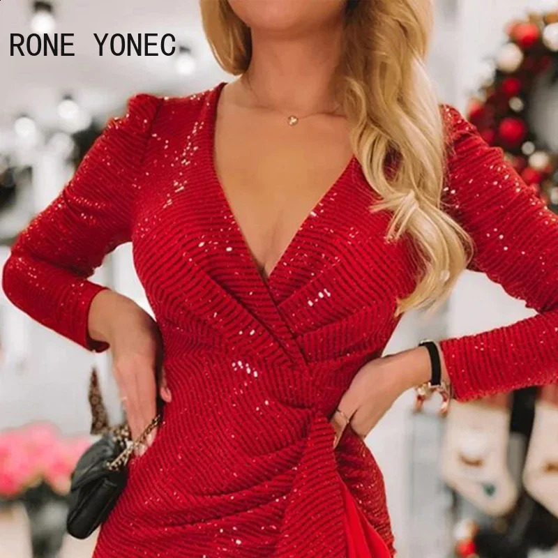 Women Solid Sexy V Neck Sequins Long Puff Sleeves Mini Bodycon Sexy Party Red Dresses 240819