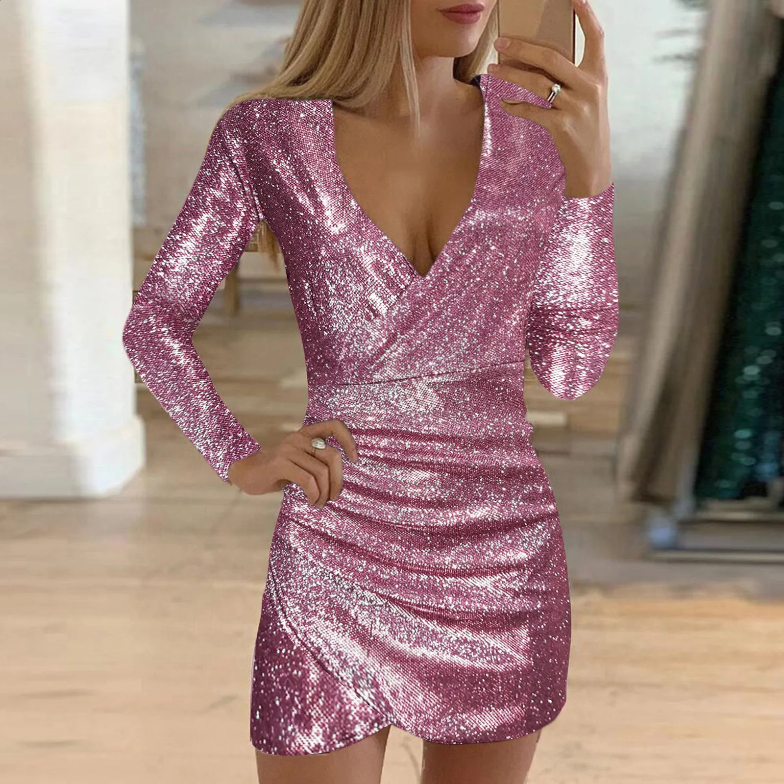 Petite Dresses For Women Casual Long Sleeve Women Sexy Dress Sequins V-Neck Sexy Long Sleeve Self Floral Cocktail Dress 240819