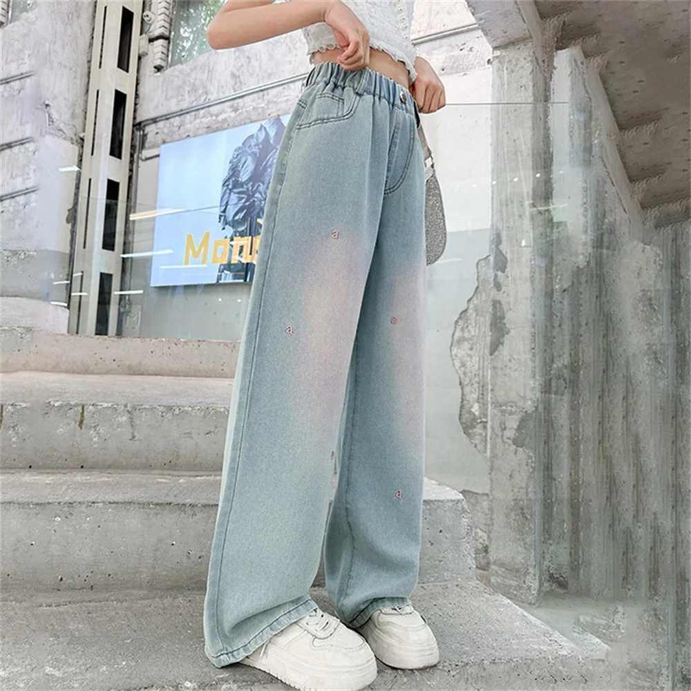 2484 Fashion Summer Ultra Thin Childrens Wide Leg Pants Embroidered Girls Jeans Childrens Jeans Denim Straight Leg PantsW240819