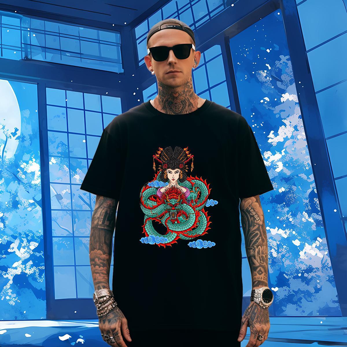 Men T Shirts 100% Cotton 230g dragon Casual Daily Wear Breathable Short Sleeve Anime Print Men Tees Stylist Wholesale Tops Tees