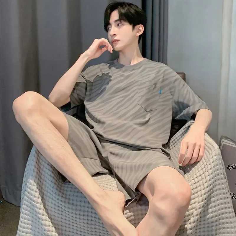 Sleepwear color mens cool suit collar summer fashion soft shorts casual loose 2-piece sleepwear simple sleeves solid sleepwearW240719