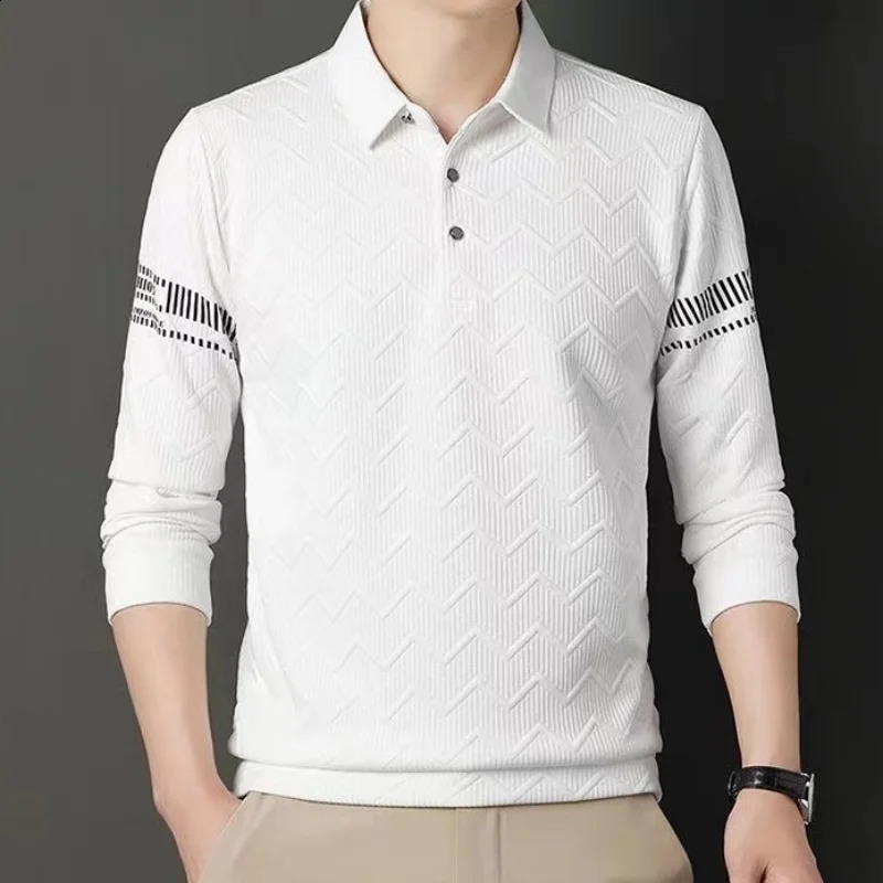 Korean Simple Autumn Casual Mens Polo Shirt Solid Print Lapel Button Jacquard Fashion Loose Trend Versatile Long Sleeve Top 240820