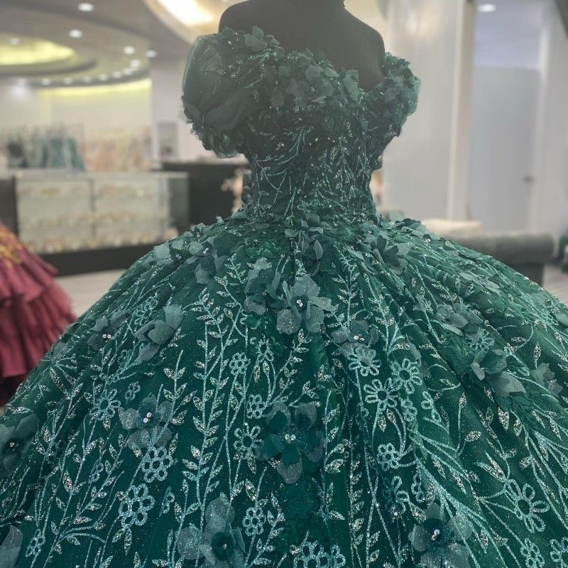Emerald Green Shiny Quinceanera Dresses Ball Gown 3D wer Sequin Applique Crystal Sweet 16 Birthday Party Dress vestidos de 15 anos