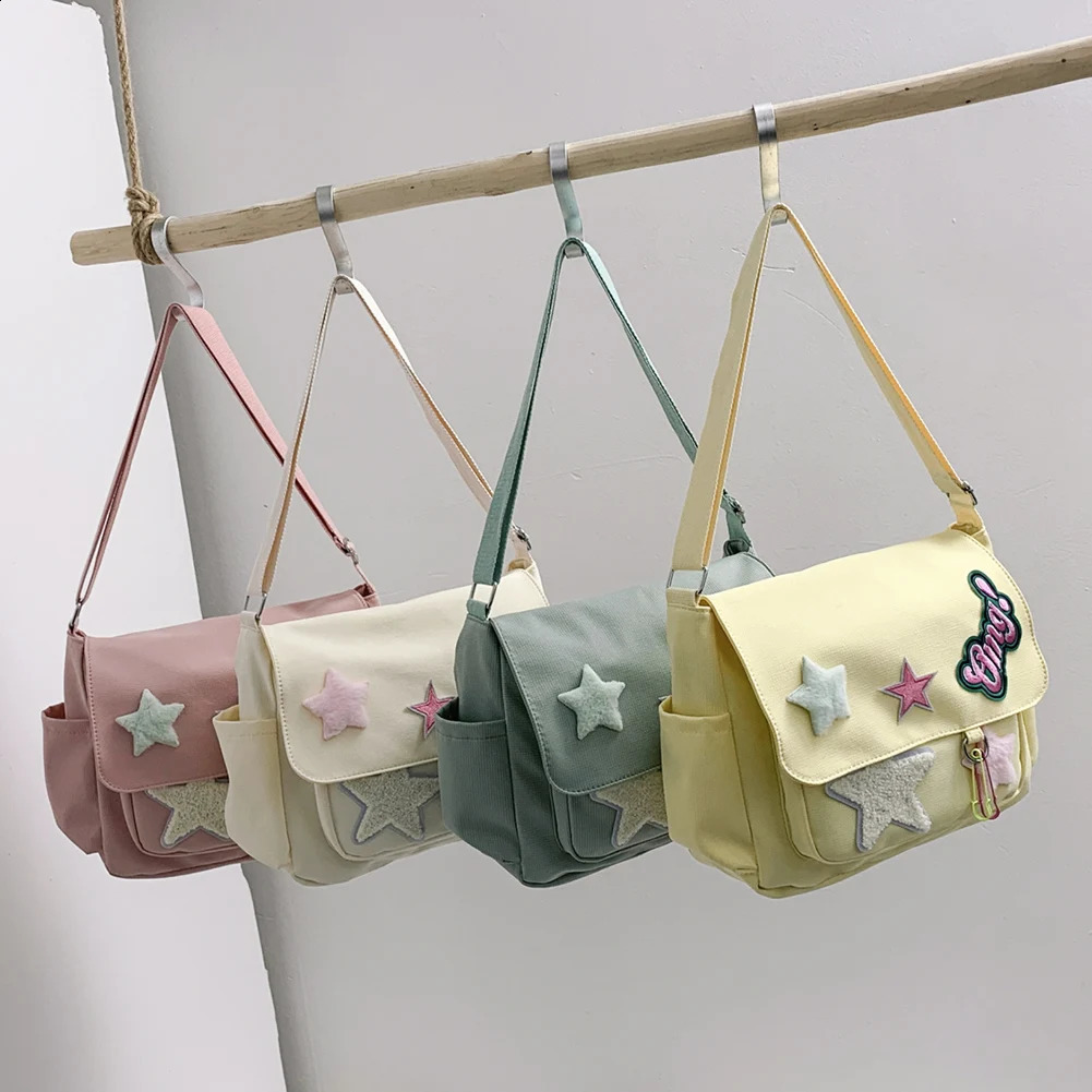 Women Cute Messenger Bag Large Capacity Canvas Kawaii Sling Bag Star Letter Applique Candy Color Leisure Travel Outdoor Bag 240819