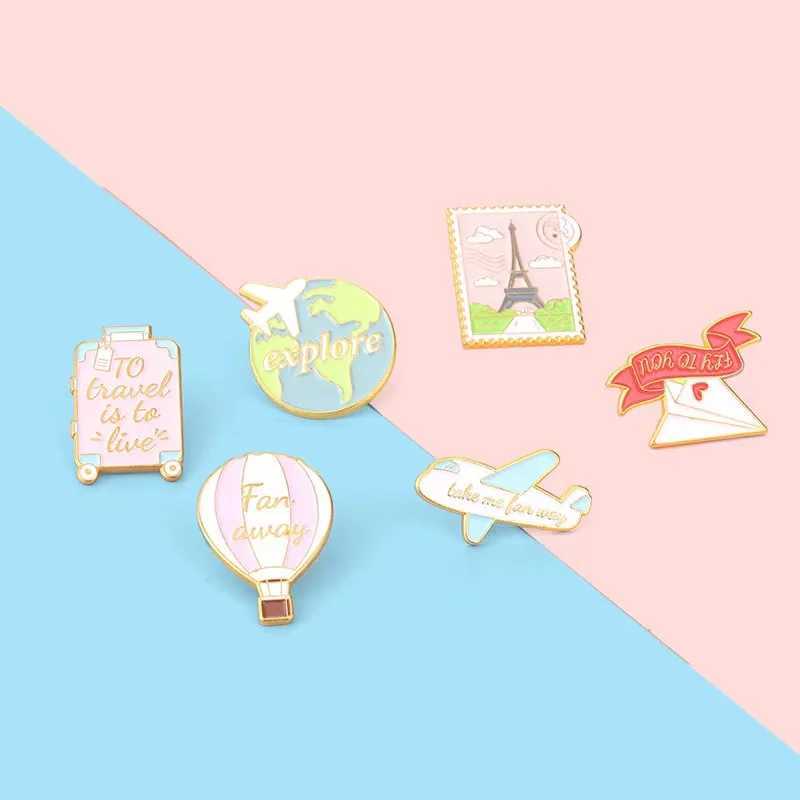 Customized Sweet Travel Enamel Pin Airplane Postcard Hot Air Balloon Suitcase Brooch Collar Badge Backpack Jewelry Gift for Friends W240815