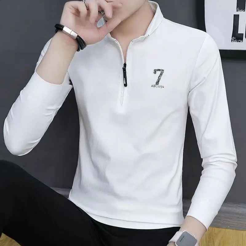 Mens Spring Autumn Turtleneck Solid Pullover Zipper Printed Long Sleeve T-shirt Undershirt Office Lady England Style Loose Tops 240820