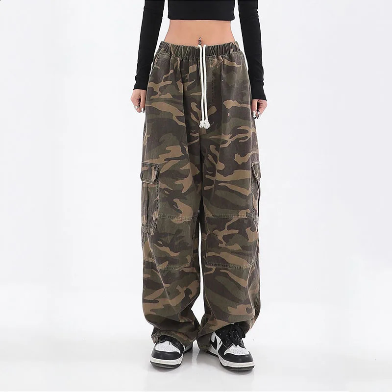 Streetwear Women Oversize Camouflage Cargo Pants Drawstring Elastic Waist Pockets Spring Autumn Vintage Fashion Casual Trousers Z260314