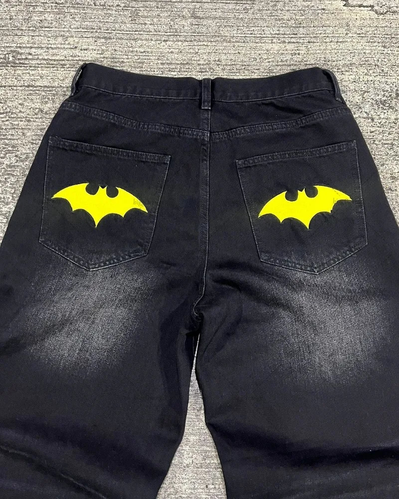 American Style Baggy Oversized Jeans Y2K Harajuku Retro Hip-hop Streetwear Gothic Bat Pattern Casual Straight Wide-leg Pants Men 240819