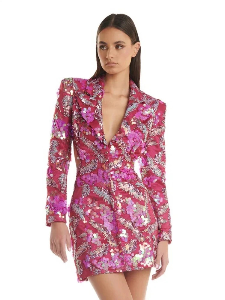 Womens Sexy Long Sleeves Sequins Mini Dress Sexy Backless Sequined Mini Bodycon Blazer Dresses Celebrity Party Evening Gowns 240819