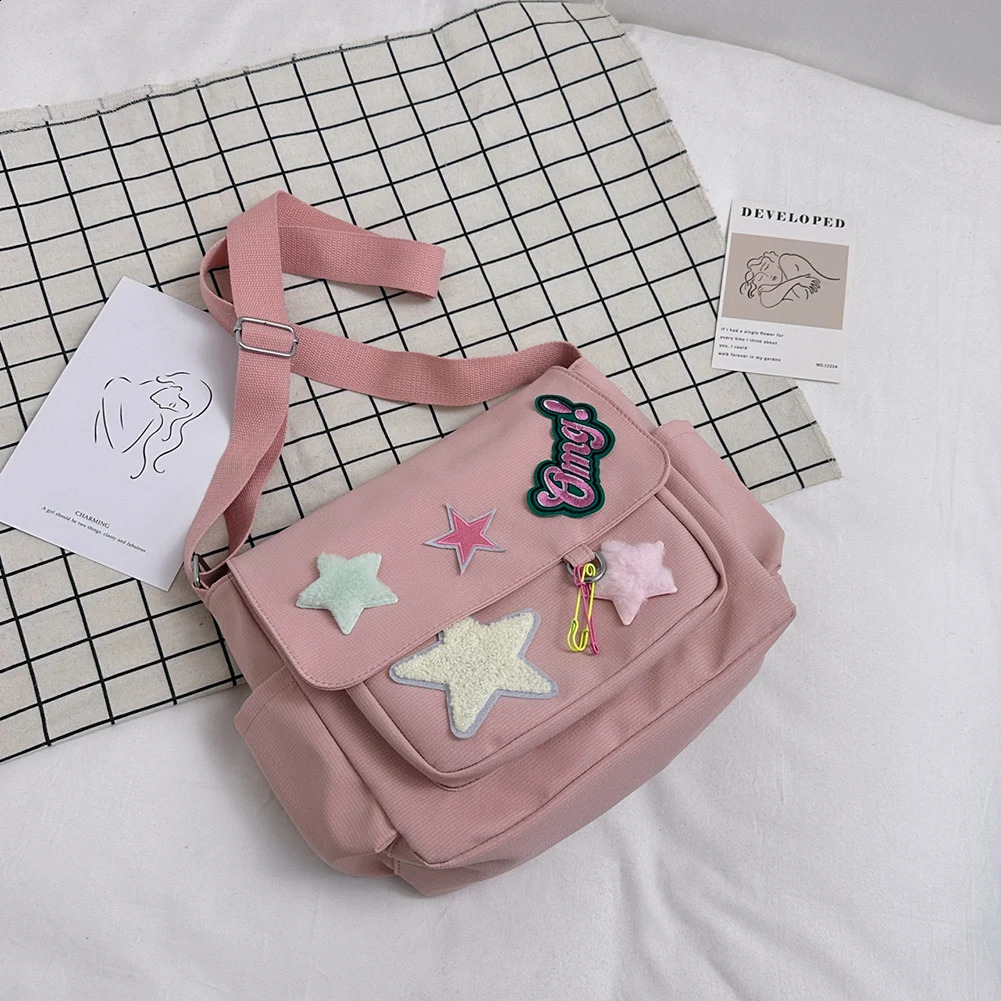Women Simple Book Large Capacity Canvas Lovely Shoulder Star Letter Applique Candy Color Leisure Travel Outdoor Bag 240819