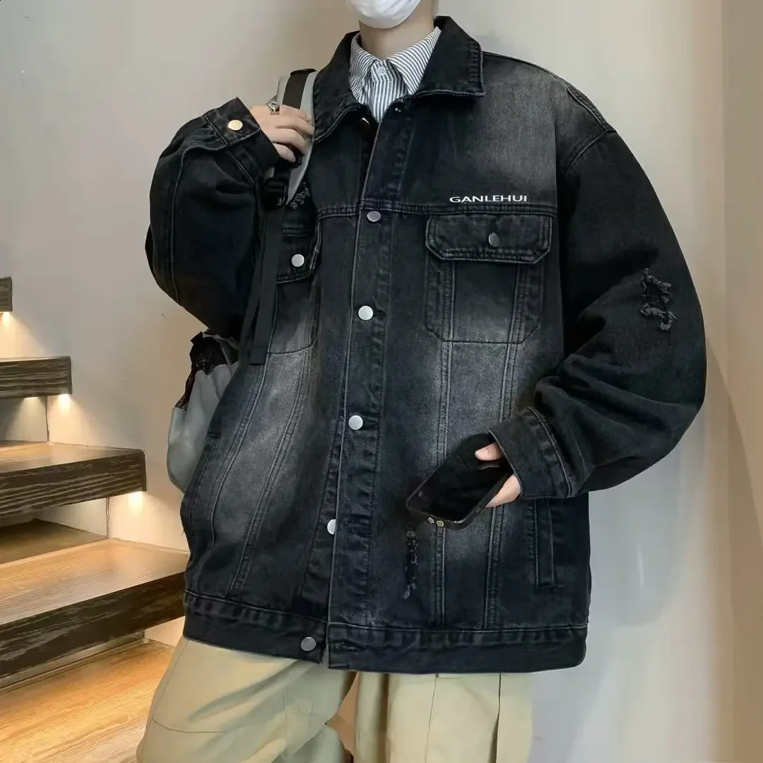 Retro style mens denim jacket fashionable American high street casual loose open collar spring and autumn clothing 240819