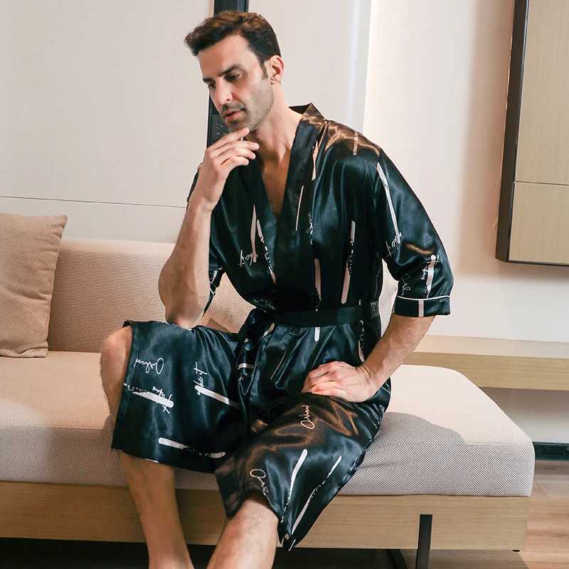 Mens ice silk satin half Sves pajamas Spwear Robe yukata night light plus size spring summer short Sves W241023