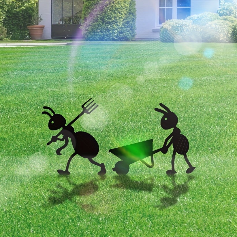 Garden decoration interesting work farm ants garden stake decoration with fork and wheelbarrow, black metal 2 pieces ants