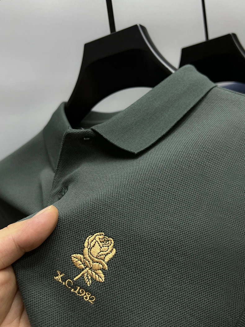 High end 100% cotton mens long sleeved polo shirt Fashion and exquisite rose embroidery Business casual monochrome autumn top 240820