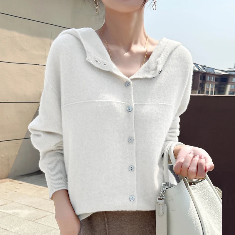 100% wool cardigan sweater womens hooded solid color long sleeved autumn and winter knitted casual warm 240819