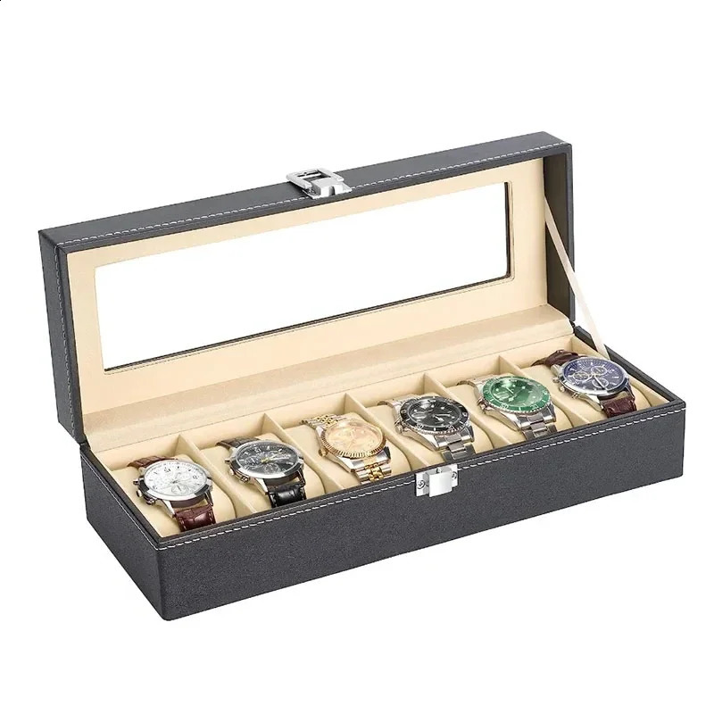 selling PU leather display storage organizer watch box with glass top groove mens stand gift 240812