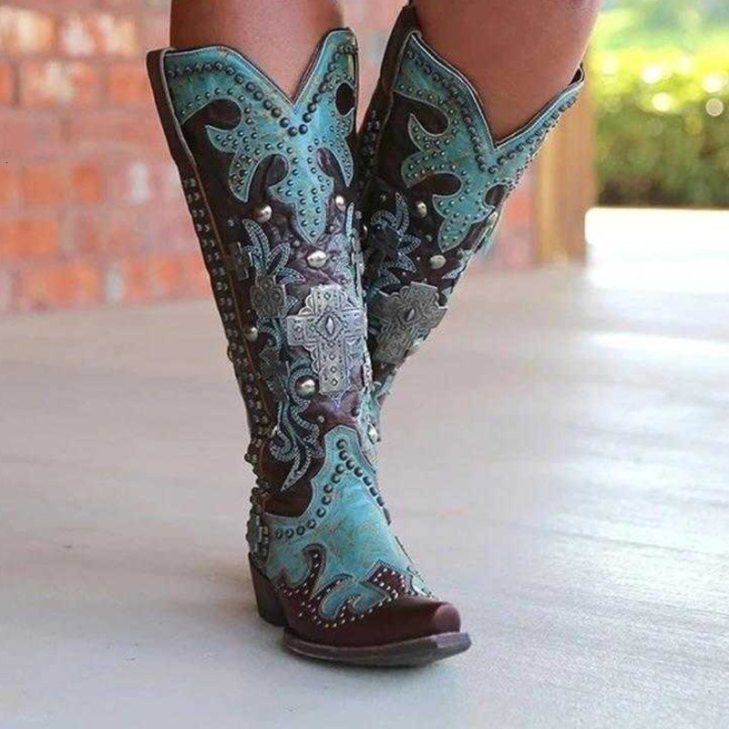 Women Sewing Patchwork Slip-On Mixed Color Flower Print Western Women's Shoes Rome Buckle Party Retro Ladies Boot