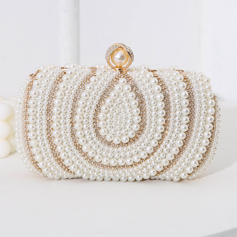 New Women's Evening Handmade Pearl Embroidery with Diamond Embedding Banquet Dress Handheld Bag