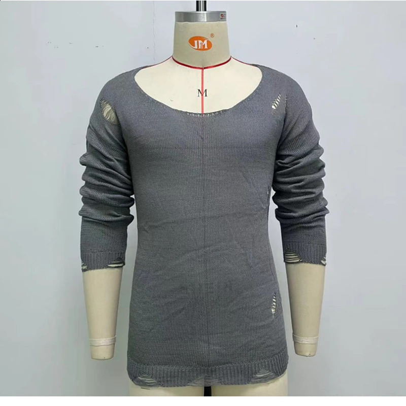 Mens casual top for spring and summer fashion solid knit long sleeved torn sweater mens Tshirt holiday streetwear chic shirt 240819