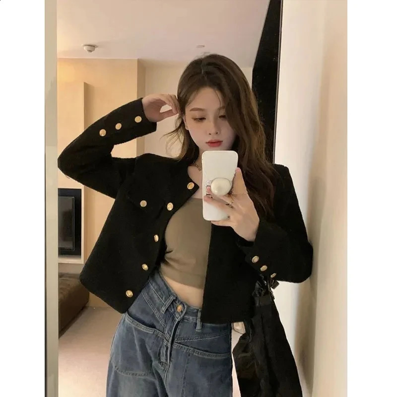Wool coat womens jacket short sleeved autumn and winter cardigan long top single chest coarse tweed casual wool 240819