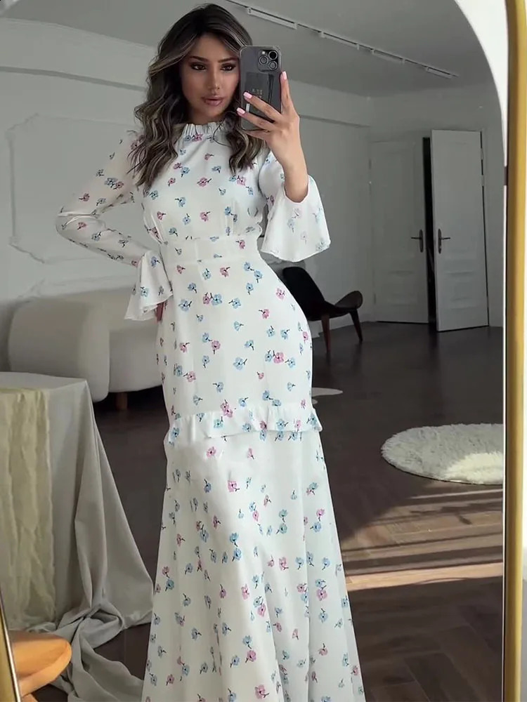 Tossy Ruffle Printed Long Sleeve Long Dress Womens Elegant Contrast Color Slim Fit Lace Waist Casual Summer Fashion Long Dress 240819