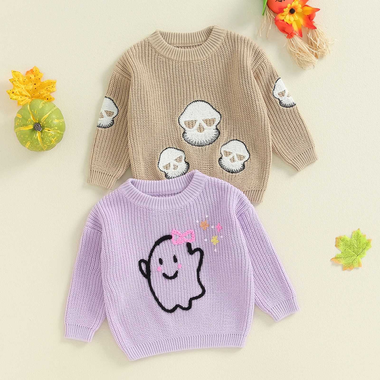 FOCUSNORM 0-3 Cute Baby Boys and Girls Halloween Sweater Long Sleeve Ghost/Skull Embroidery Childrens Sports Shirt Top W240820