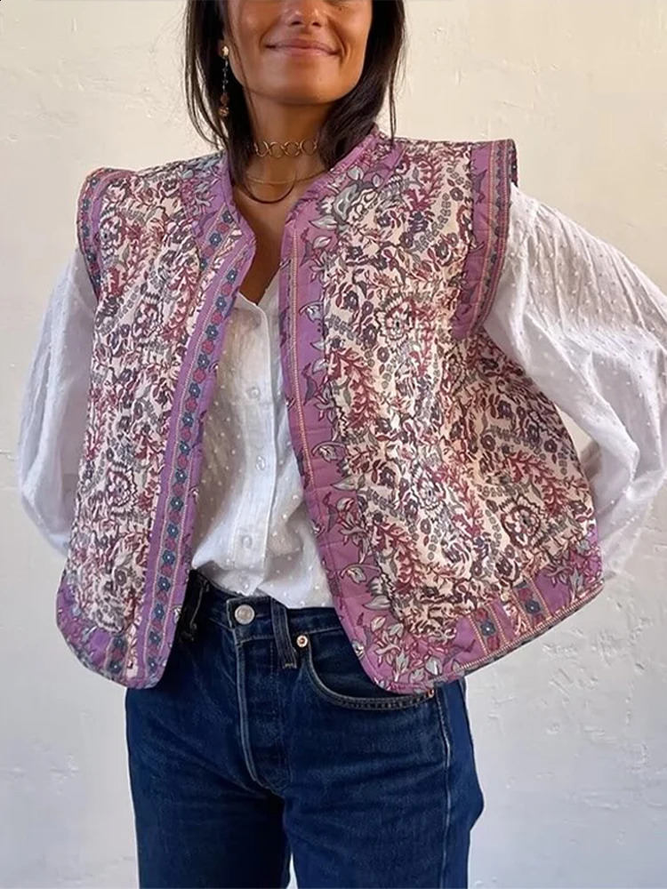 Retro Bohemian womens vest jacket autumn thick coat sleeveless short sleeved fashionable printed 240819