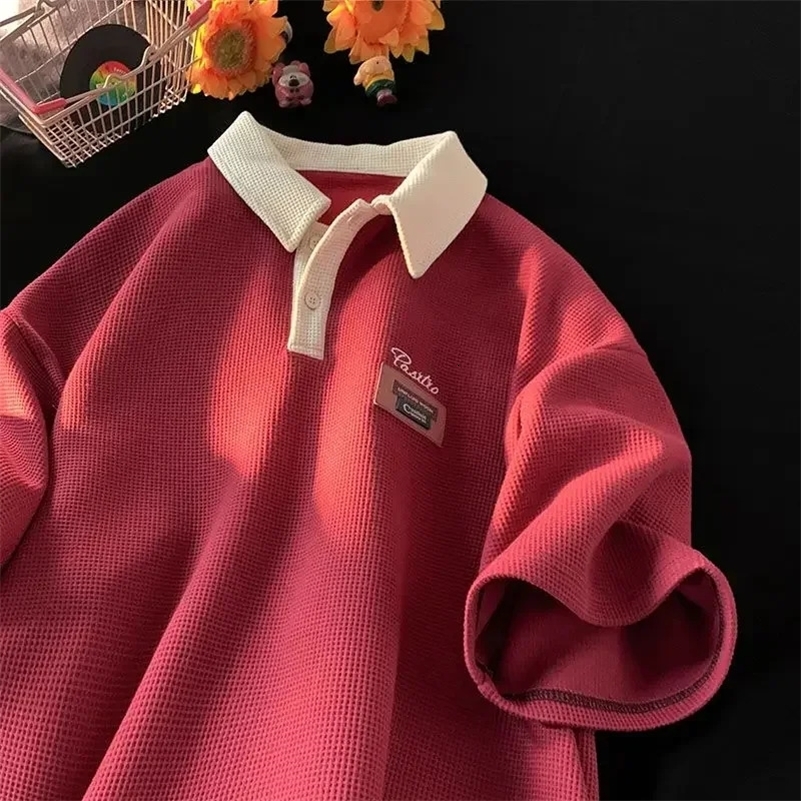 American Street Hip Hop Waffle Polo Shirt Unisex Y2K Casual Top Men Clothing Summer Harajuku harajuku men clothing y2k top shirt 240819