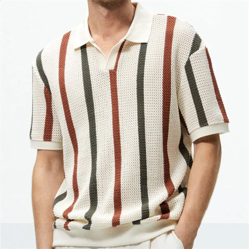 Men Trendy Vintage Striped Patchwork Polo Collar Short Sleeve T-shirt Summer Hollow Casual Loose Pullover Knit Tops Ropa Hombre 240820