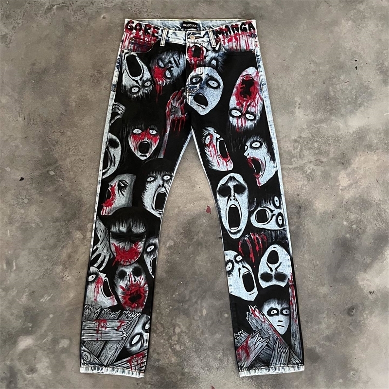 Harajuku Black and white body Graphic wide leg jeans Streetwear Y2K Wide Trouser Pants for Men Women High Waist Jeans 240819