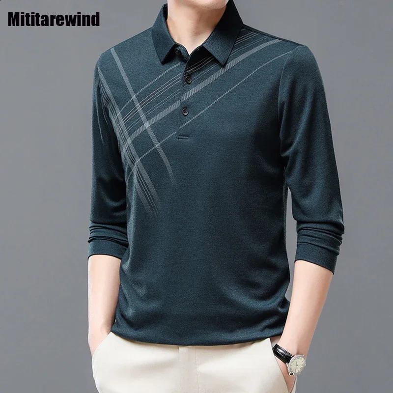 Long Sleeve Tees for Men Smart Casual Polo Shirts Daily Lapel Fashion Printed T-shirt Spring and Autumn Middle Age Male Tops 240820
