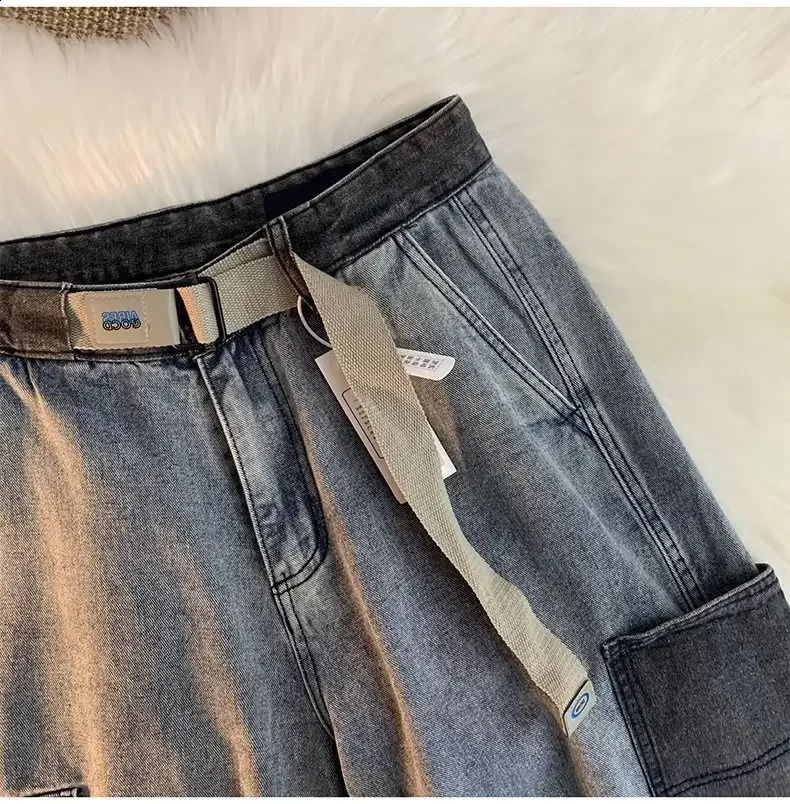 Japanese retro loose denim shorts suitable for womens summer trendy street style casual functional multi pocket cargo pants 240819