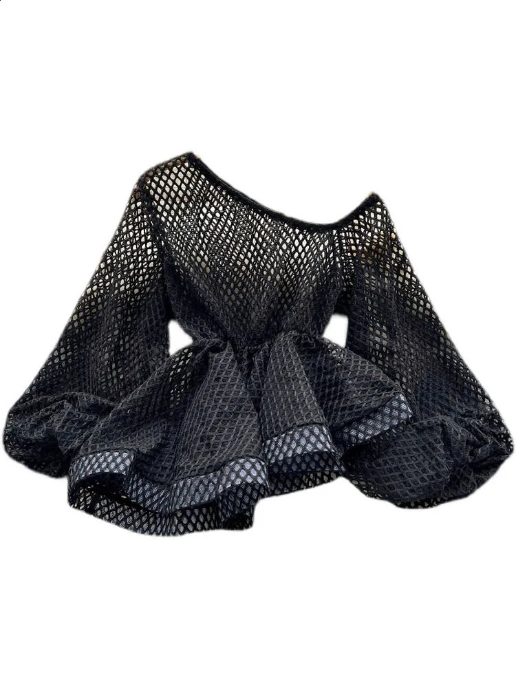 XFPV autumn summer fashion Korean chic patchwork hollow shirt loose long sleeved top womens SM2255 240819