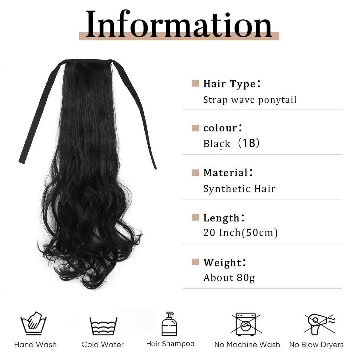 Ponytail hair extension accessory black 20 inch long natural wave heat-resistant fiber synthetic ponytail wig W240817