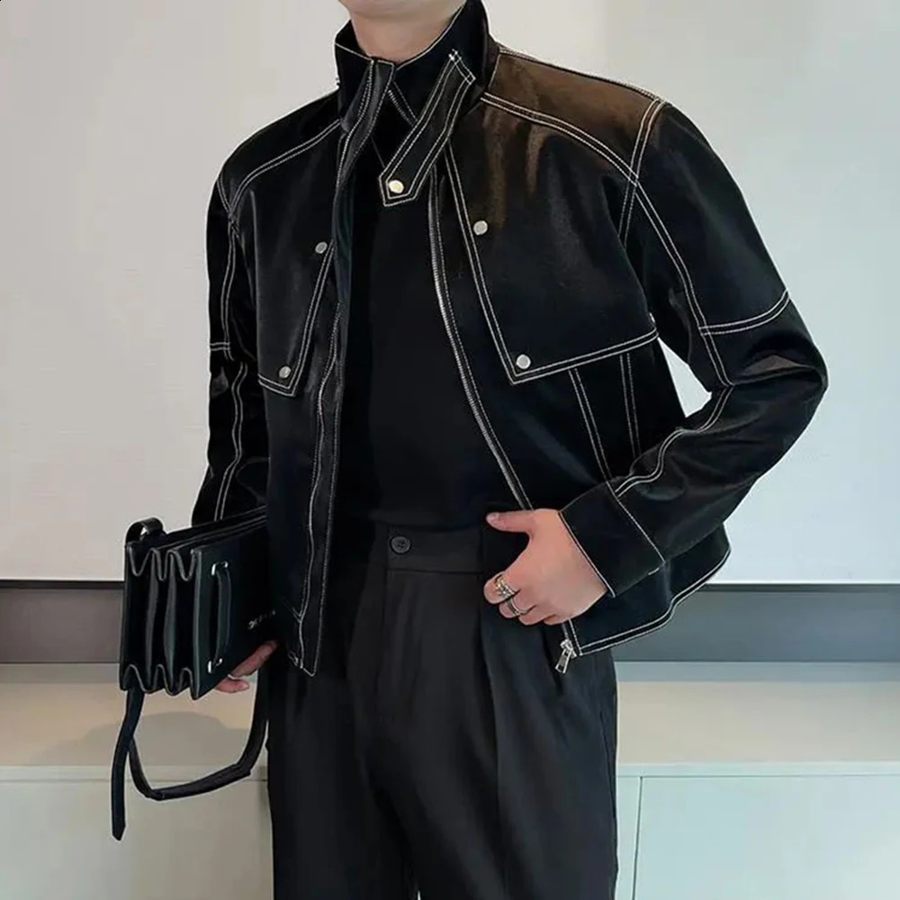 Men Y2k Matte Biker Leather Jacket Genderless Autumn Winter Nightclub Trendy Street Stand Collar Topstitch Leather Jacket Unisex 240809