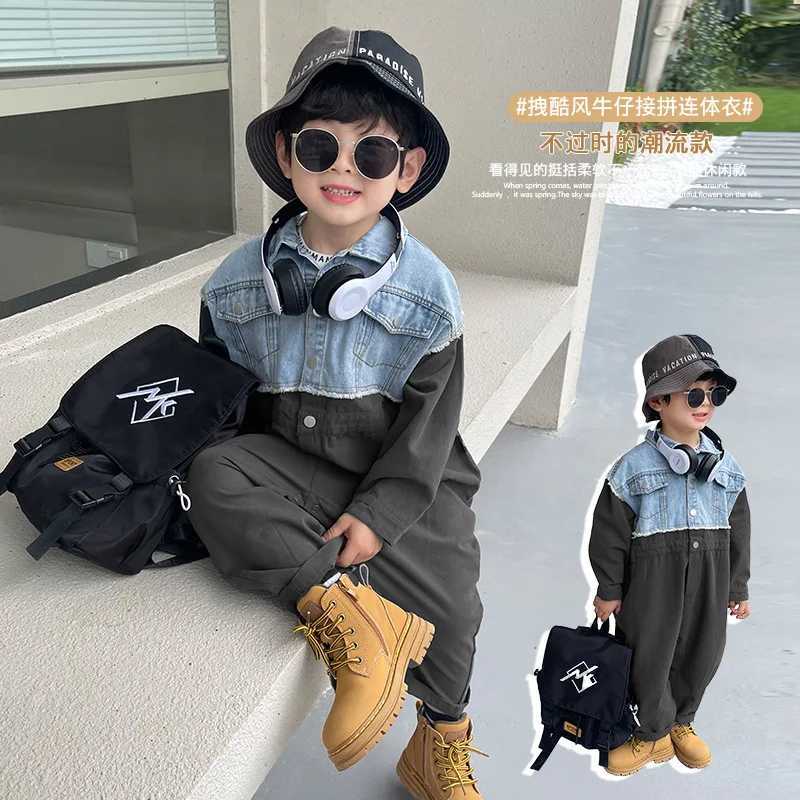 Korean childrens denim jumpsuit long sleeved fashionable mens clothing autumn new item one-piece clothing jumpsuit W240806