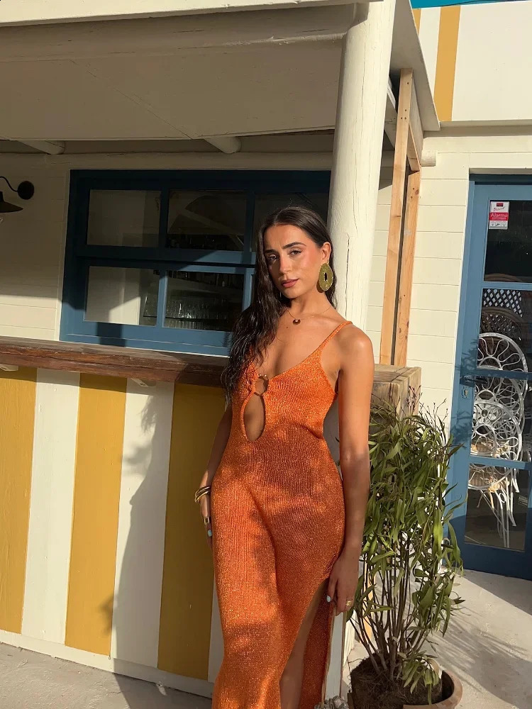 Sexy metal buckle hollow knit dress for women sleeveless and backless suspender pants summer womens high street 240819
