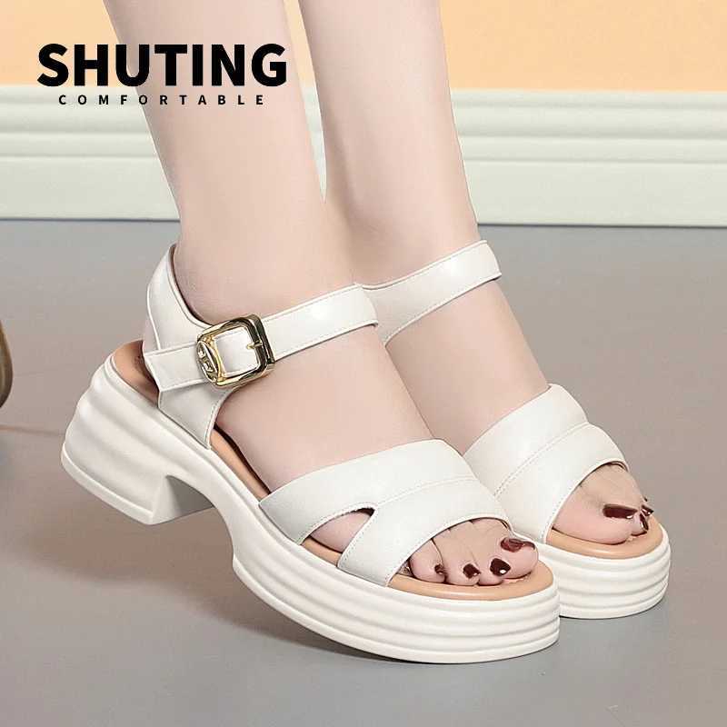 2024 High Heels Platform Soft Leather Casual Sandals Woman Open Head Block Heel Elegant Summer Buckle Soft Sole Sandals CL240806