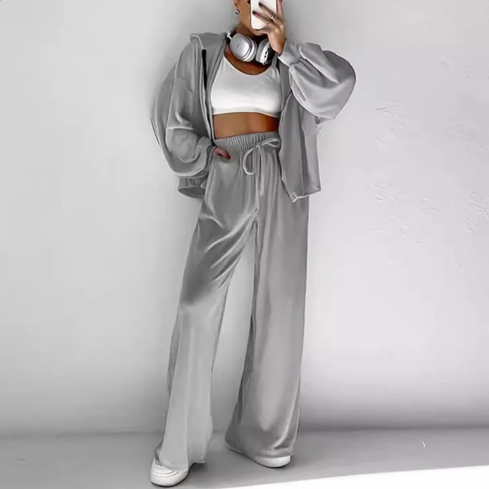 Autumn Womens Veleft Tracksuits Solid Long Sleeve Loose Hooded Zipper JacketHigh Waist Wide Leg Pants 2piece Set 240819