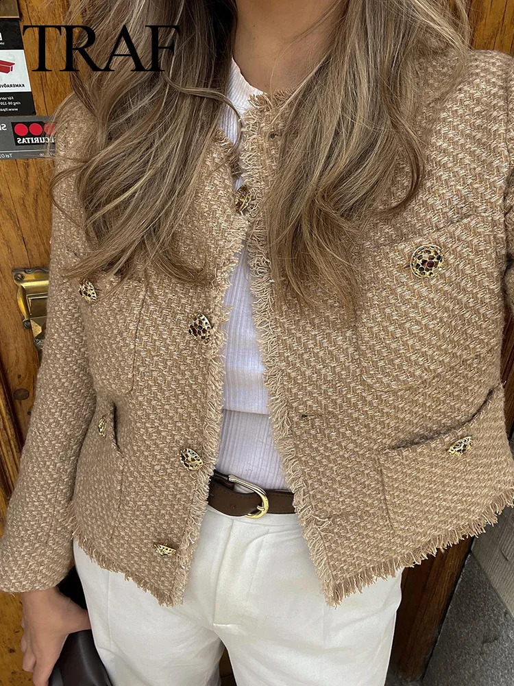 TRAF autumn fashion womens short jacket camel tweed long sleeved button pleated top elegant Y2k retro chic 240819