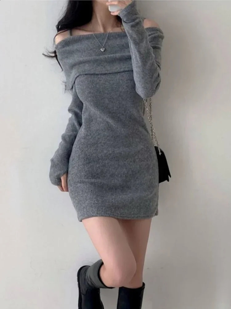 Off Shoulder Suspender Lapel Knit Dress Women Korean Sexy Slim Bottomed Mini Dresses Autumn Winter Solid Suspender Sweater Dress 240819