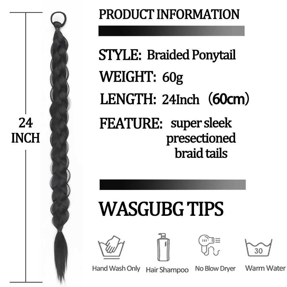 MISSQUEEN 24 inch synthetic long straight braided ponytail hair extension with rubber band black brown ponytail wig W240817