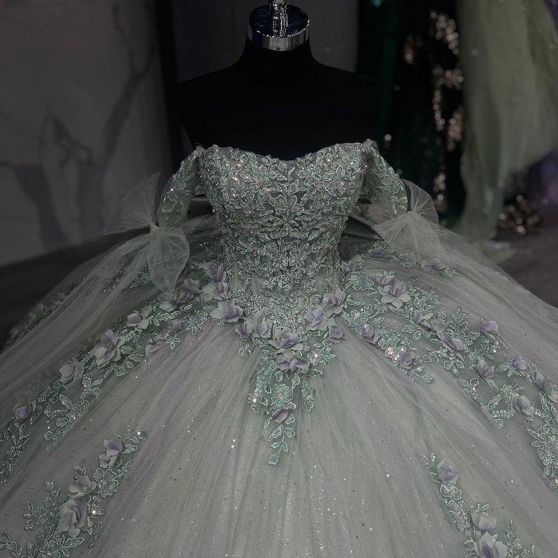 Mint Green Shiny Quinceanera Dress Mexican 3D wer Beads Puffy Ball Gowns Applique Lace Tull Sweet 16 Vestidos De 15 Anos