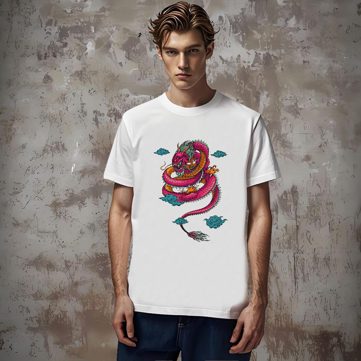 T-Shirts for Men 100% Cotton 230g dragon High Street Hip Hop Crew Neck Skull Mens Tshirts Fashion Cool Wear