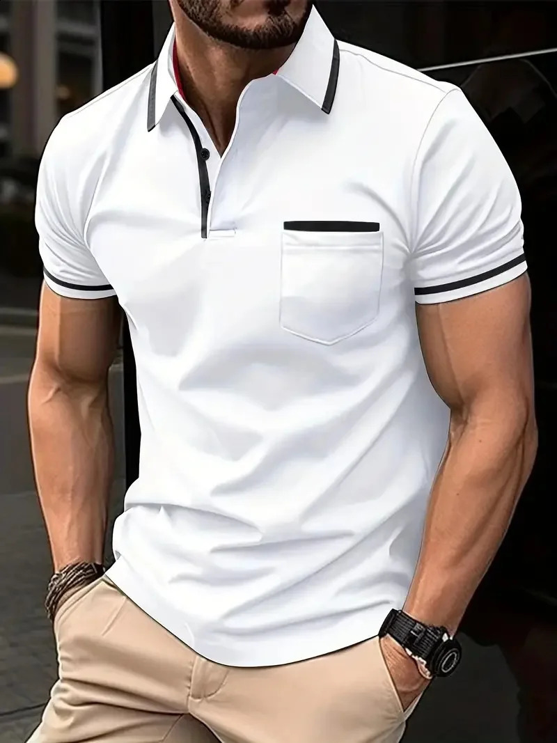 Mens short-sleeved polo shirt button pocket white T-shirt sports casual loose fashion mens spring summer top 240820