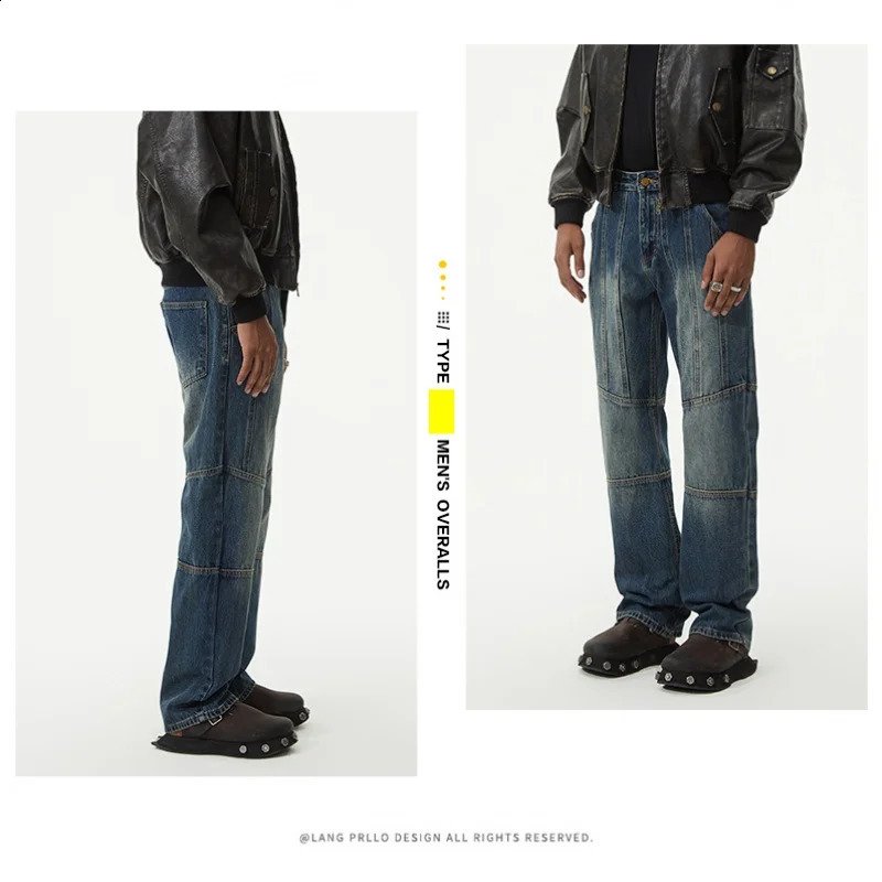 Y2K Streetwear American retro trend mens jeans personalized splicing loose straight pants 240819